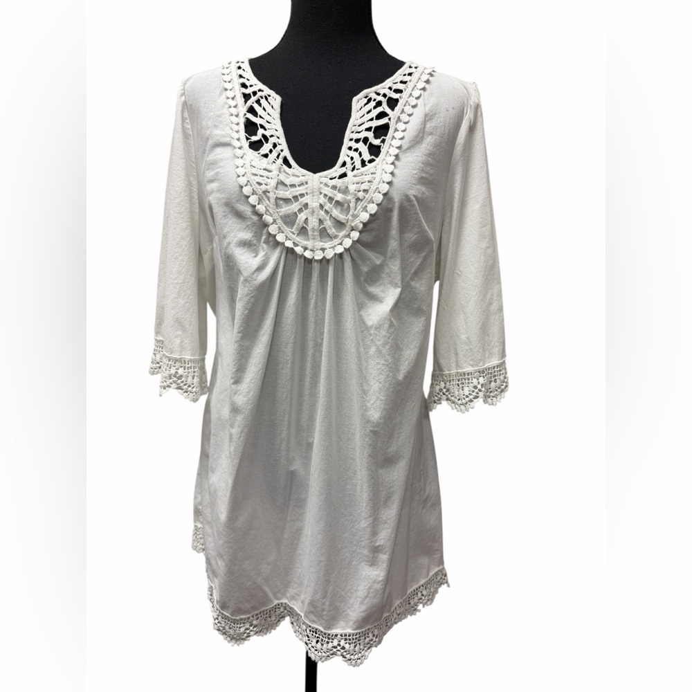 1010 White Cotton Tunic with Lace Trim  Tunic Top Size Large boho chic